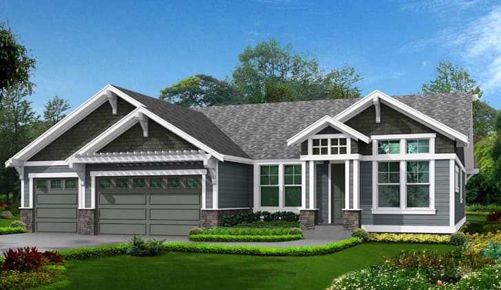 Craftsman style house plan exterior with triple garage, gables, wide eaves, and stone accents.