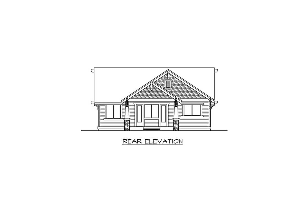 Rear elevation drawing of a single-story house plan with a covered porch, gables, and stone accents.