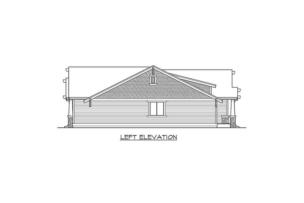 Left elevation house plan drawing showing siding, gabled dormer, and stone column porch.