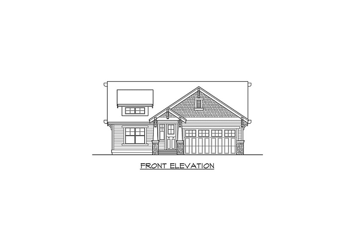 Front elevation drawing of a two-story house with gabled roof, porch, and two-car garage.