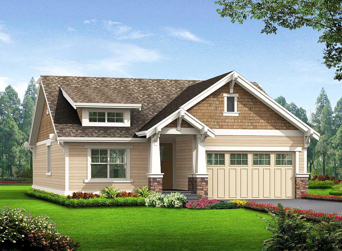 House plan exterior rendering. Craftsman-style, single-story home with a gabled roof, dormer, and attached garage. Stone accents on the porch.