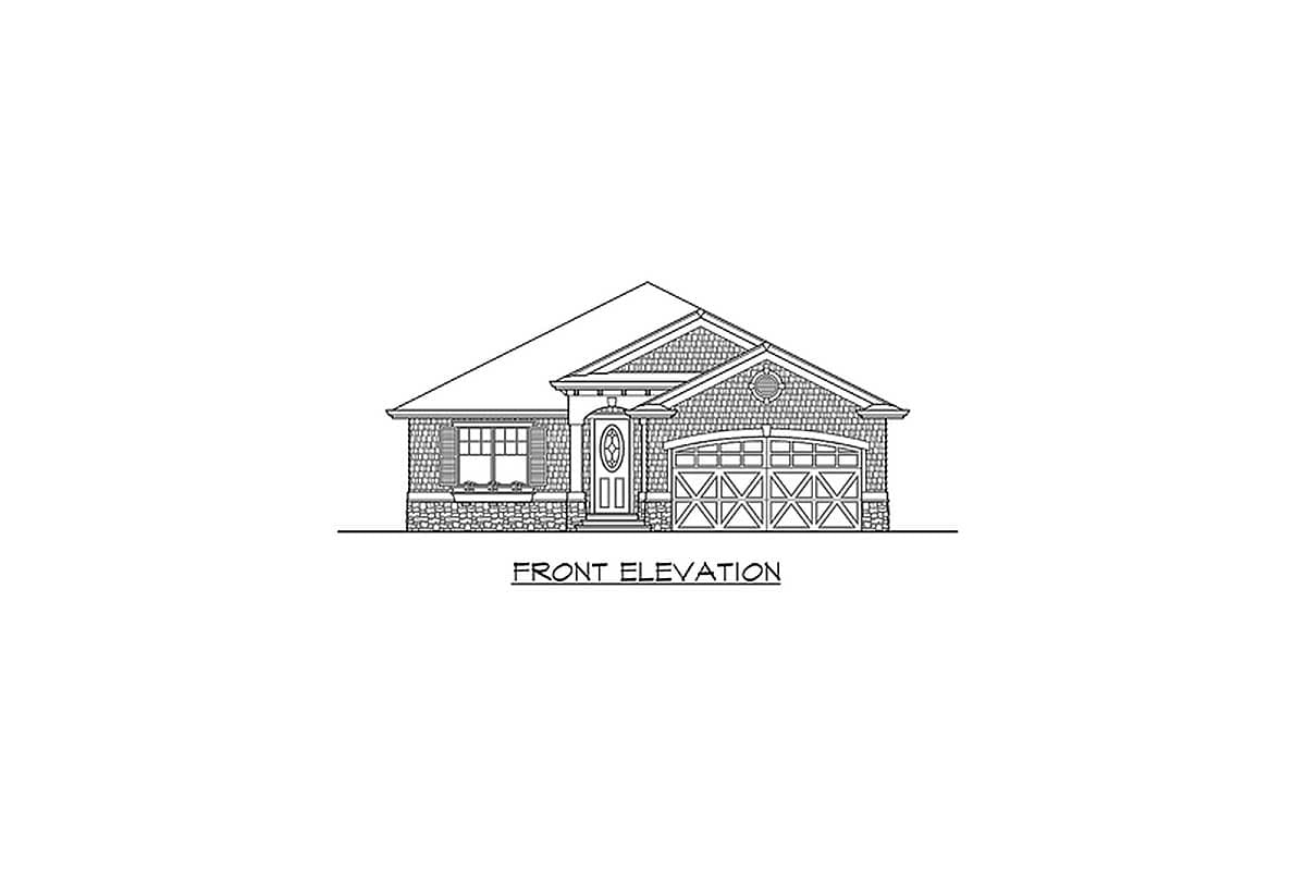 Front elevation house plan showing a single-story home with a covered front entry, window, and a two-car garage.