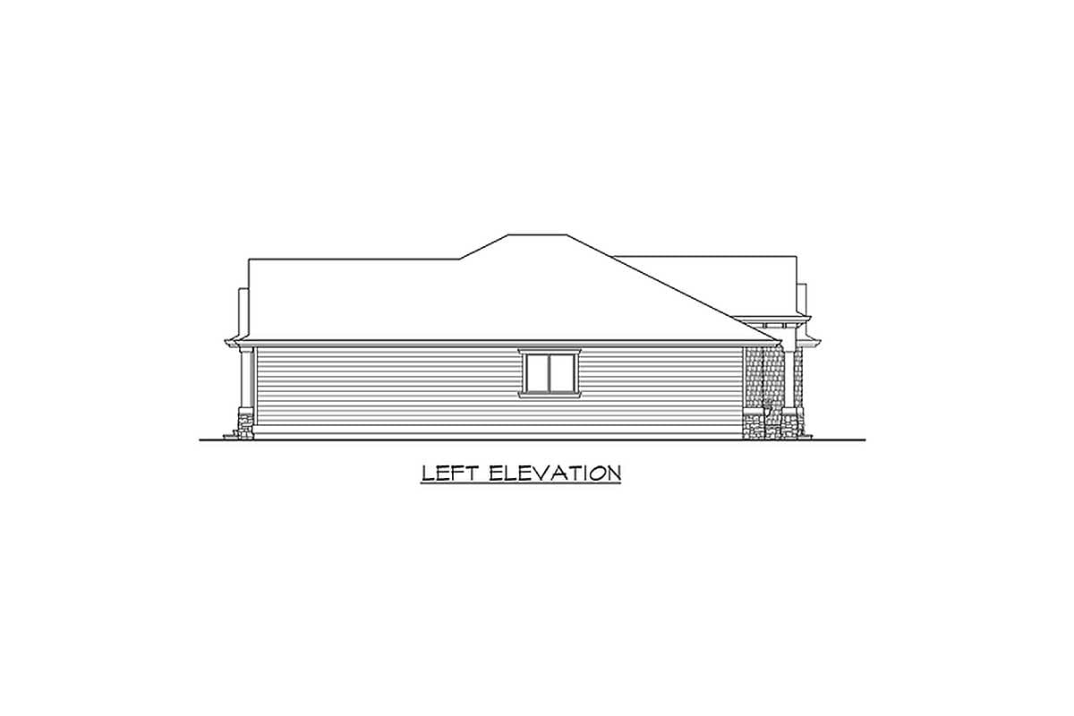 Left elevation drawing of a house plan featuring horizontal siding, a prominent roofline, and stone accents on porch columns.