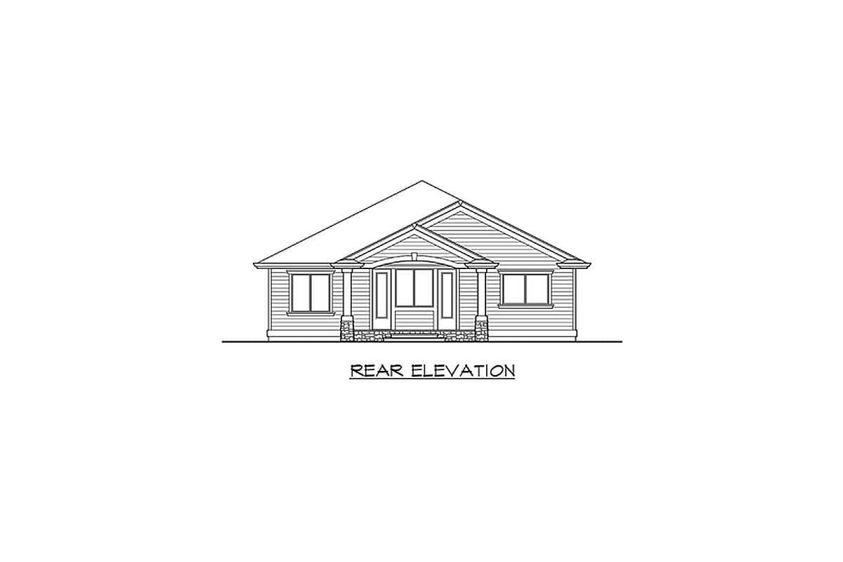 Rear elevation drawing of a one-story house with a gabled front porch supported by stone-clad columns.