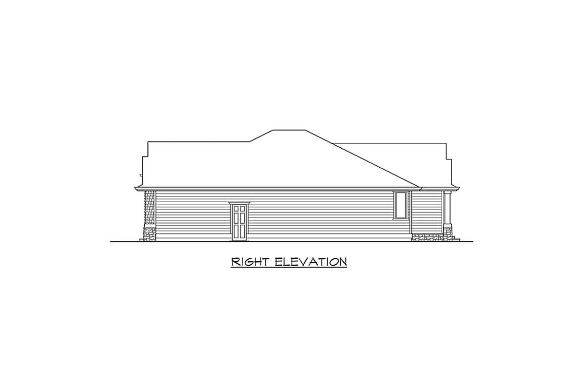 Right elevation house plan showing siding, stone accents, a door, and a porch.