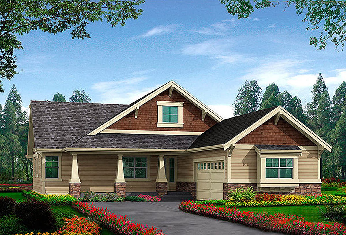 House plan exterior. Craftsman style with gabled roof, covered porch with columns, and attached garage. Stone and wood siding exterior.