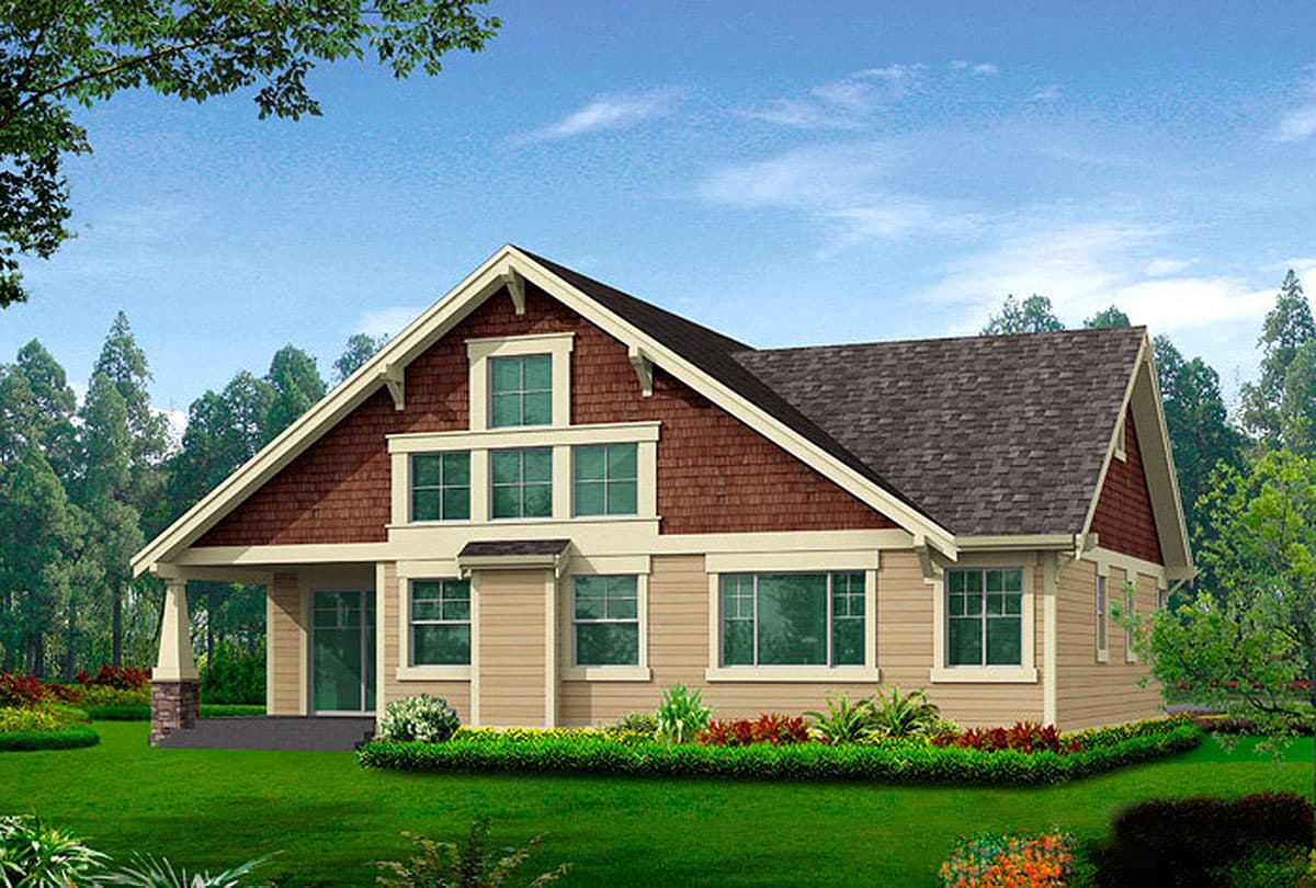 House plan exterior: Craftsman style, two stories, gable roof, covered porch with stone accents, and multiple window groups.