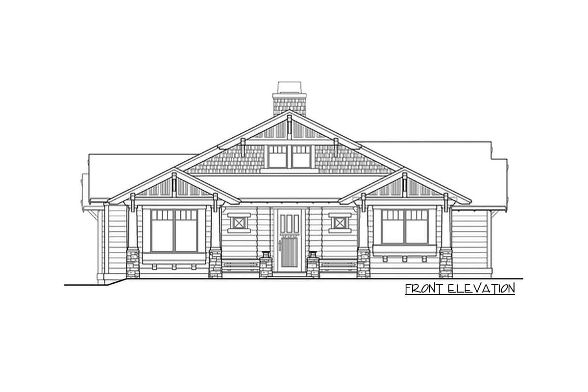 Front elevation drawing of a Craftsman-style house plan with a prominent gabled roof, wide front porch, and stone accents.