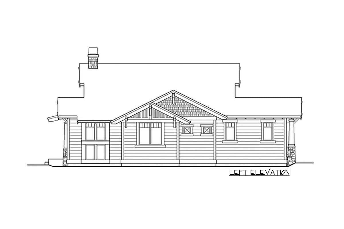 Craftsman style house plan left elevation showing a prominent gable, porch with square columns, and a chimney.