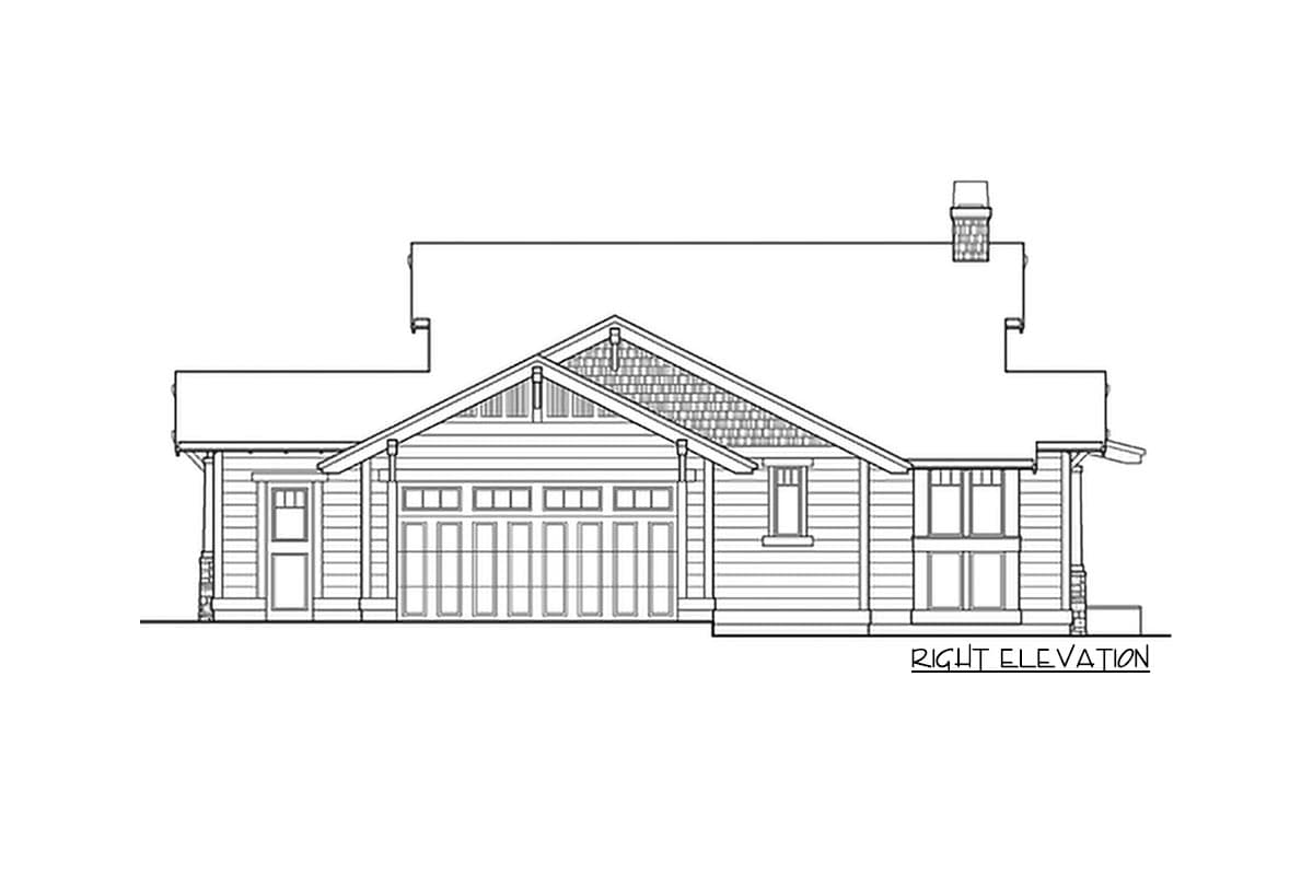 Right elevation house plan showing a single-story Craftsman style with a prominent gable, attached garage, and front door.