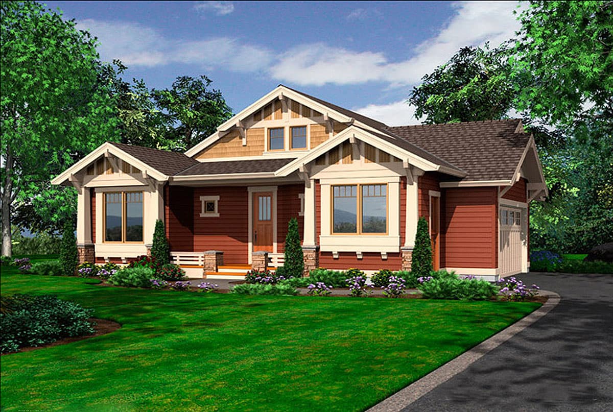 House plan exterior. Craftsman style, one story home with gables, a covered porch, and a side-entry garage. Brown roof and siding with white trim.