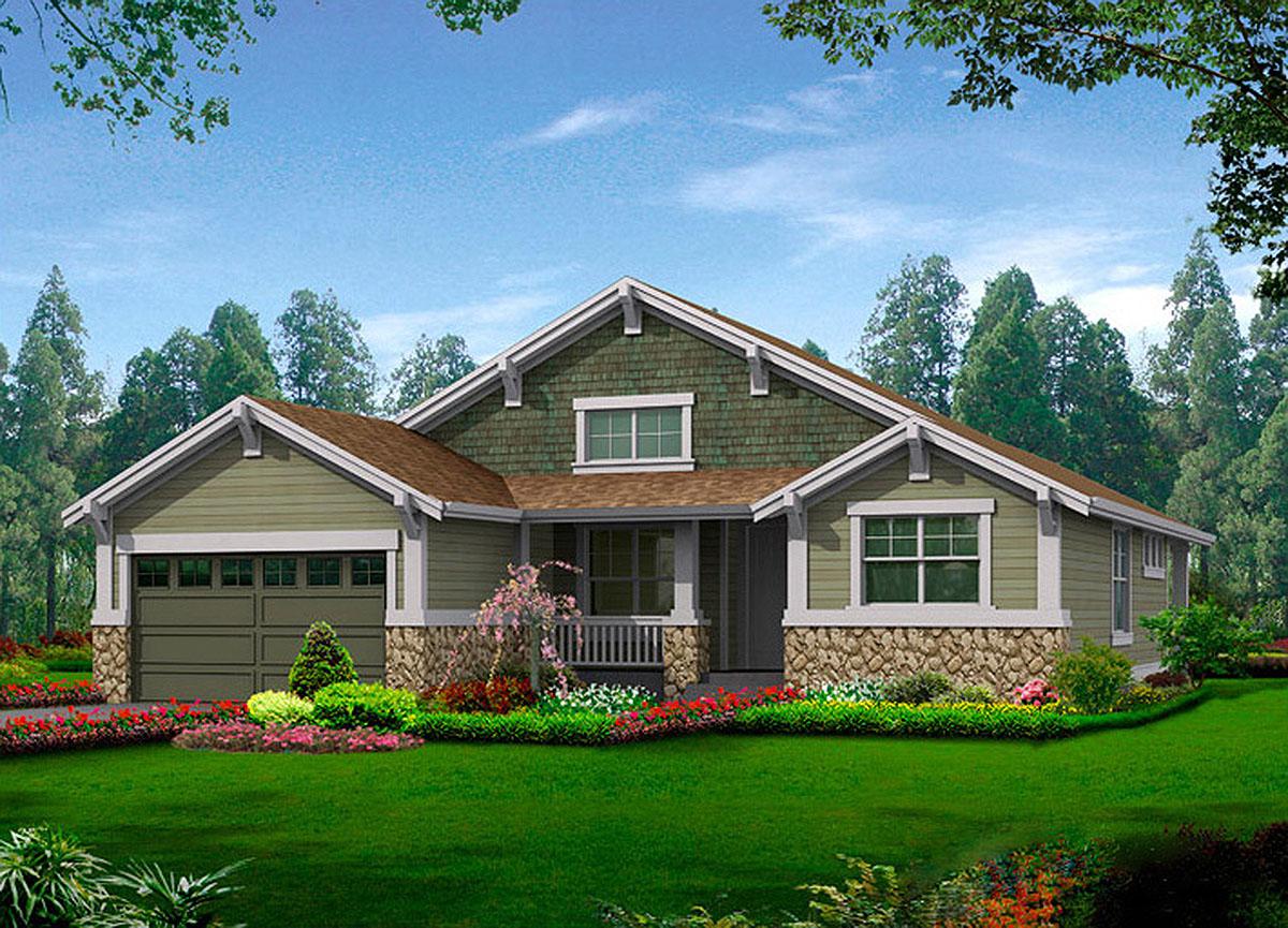Craftsman style house plan exterior with stone foundation, gables, dormer, and attached garage.