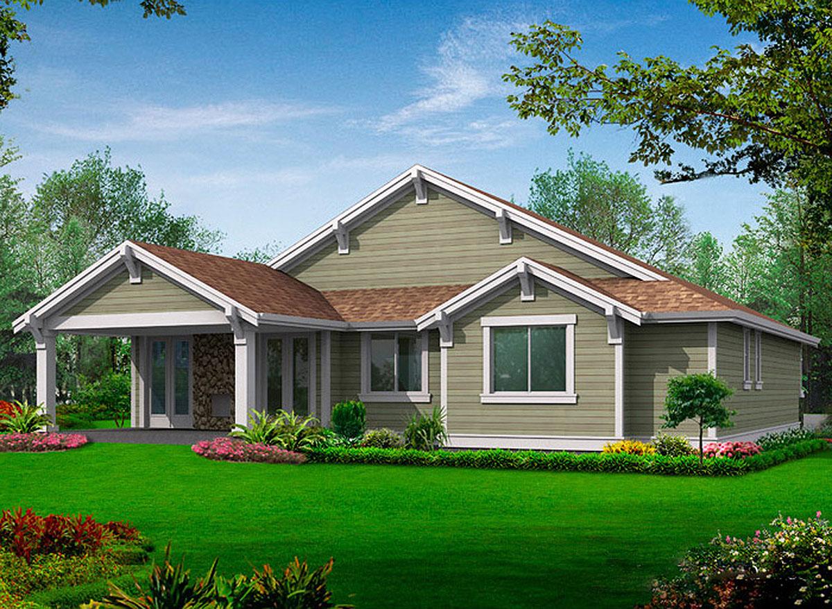 House plan exterior: Single-story Craftsman style with covered porch, gabled rooflines, and decorative eaves.