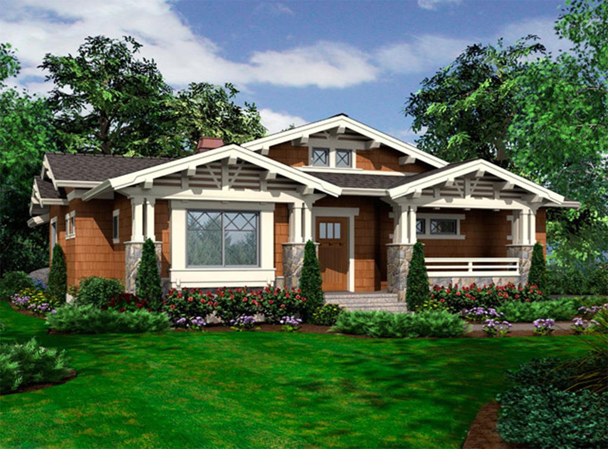 Craftsman style house plan exterior, one story, with a covered front porch, multiple gables, and stone accent pillars.
