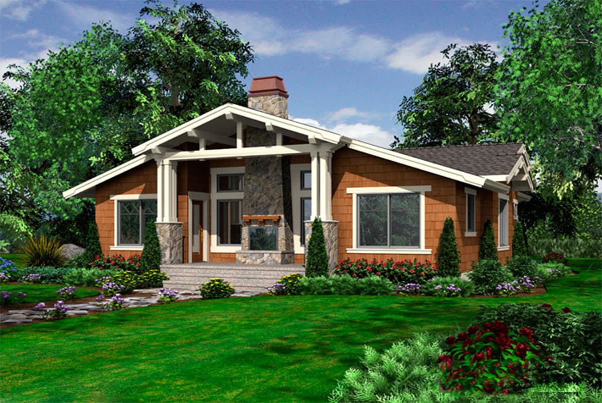 House plan exterior: One-story Craftsman home with stone chimney, exposed rafter tails, and covered entry.