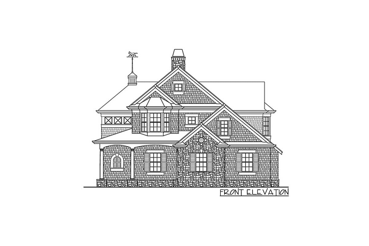 Front elevation house plan showing stone and shingle exterior with a bay window and dormers.