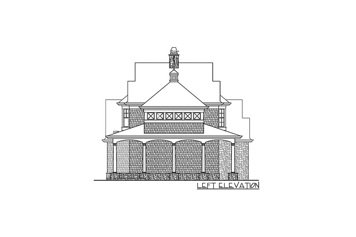 House plan left elevation with stone base, covered porch with columns, shingle siding, and gabled roof.