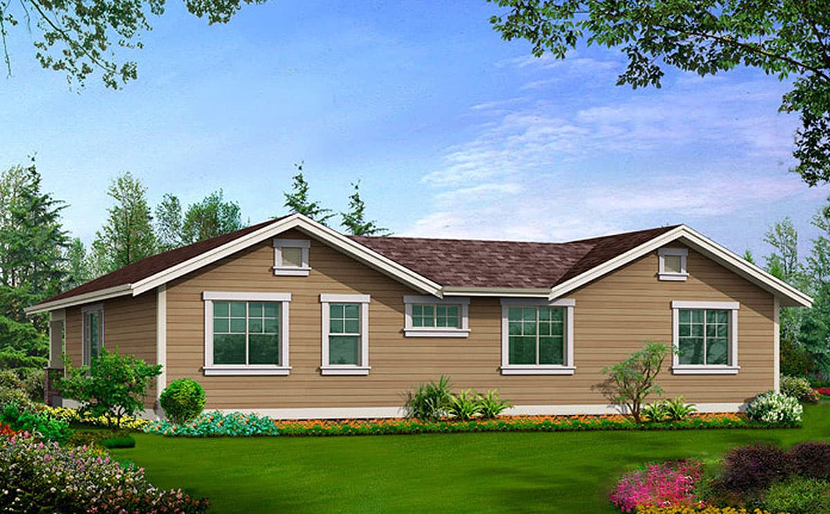 House plan exterior: One-story ranch with gable dormers, multiple double-hung windows, and a covered entry on the left.