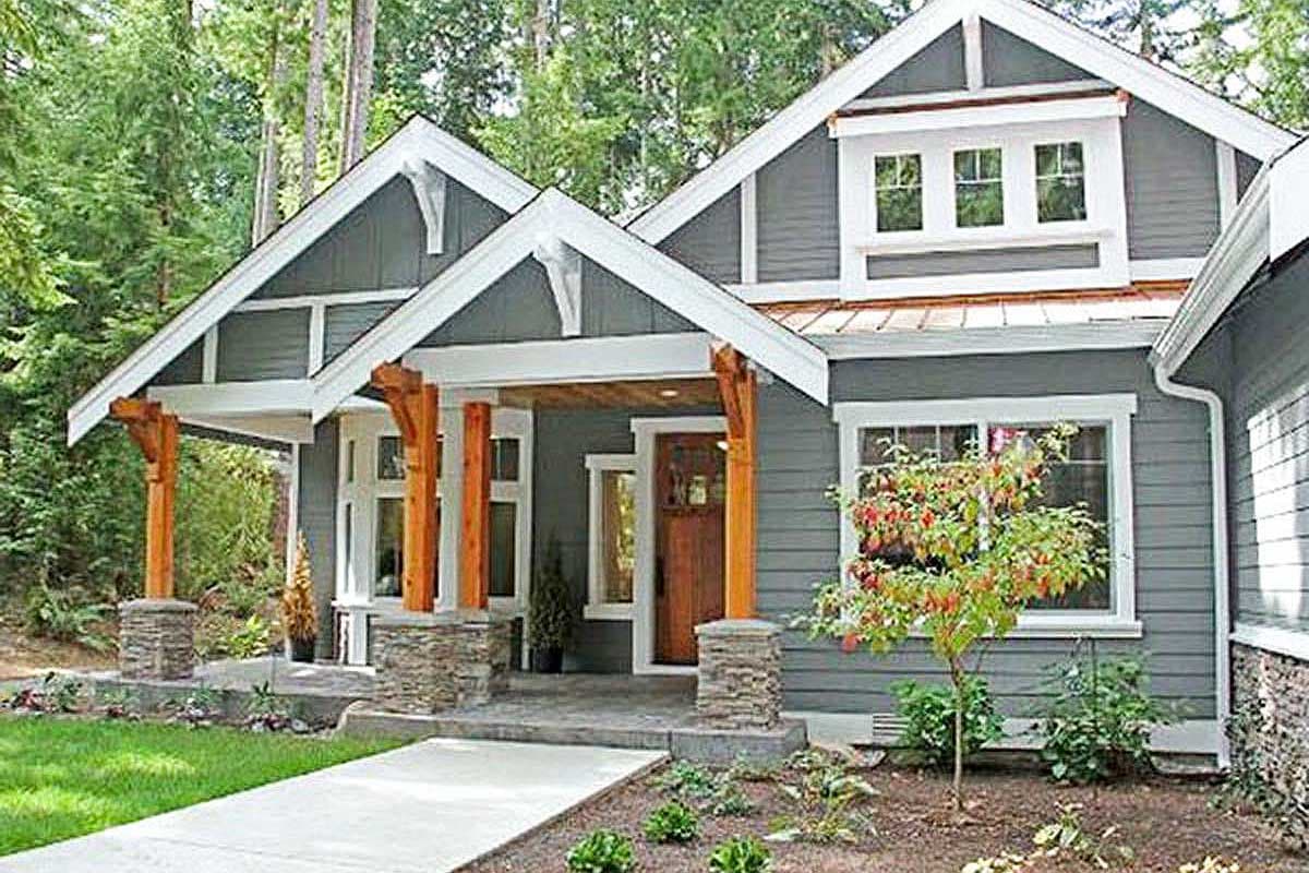 Craftsman style house plan exterior with a covered porch, stone piers, timber supports, gables, and dormer.