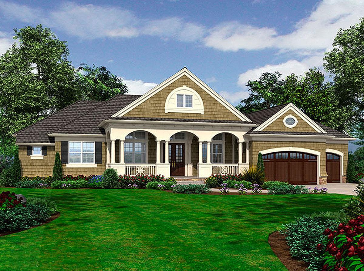 House plan exterior featuring a one-story, Craftsman-style home. Includes a covered porch with columns, gables, and an attached garage.