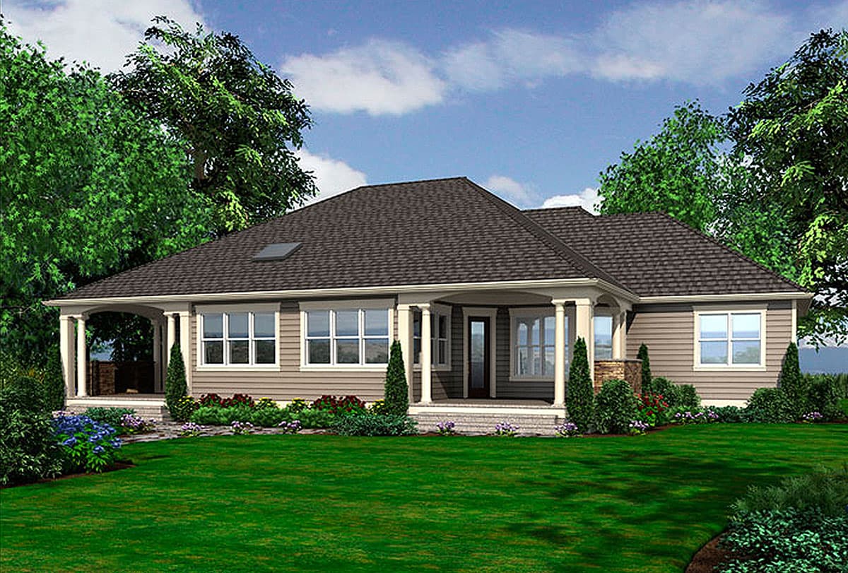 House plan exterior, one-story, with a covered porch supported by columns, gable roof, and double-hung windows.