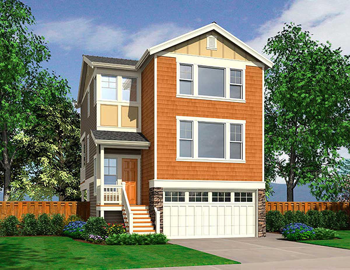 House plan exterior. Two-story Craftsman style home with front porch, gabled roof, and garage. Features cedar shake siding and stone accents.