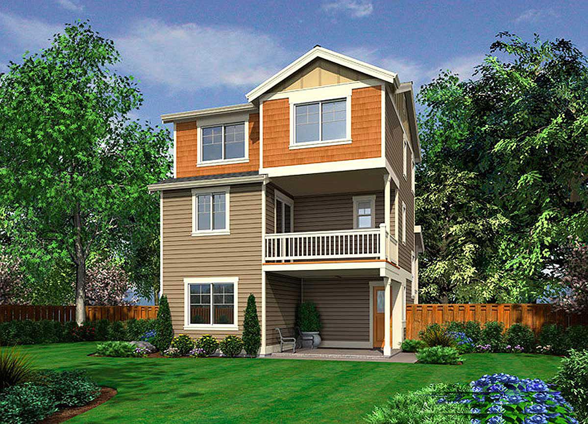House plan exterior: Modern style, 3 stories, with a second-story balcony, gable roof, and stacked windows.