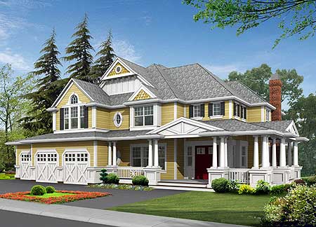 House plan exterior: Two-story home with a wraparound porch, triple garage doors, and multiple gables.