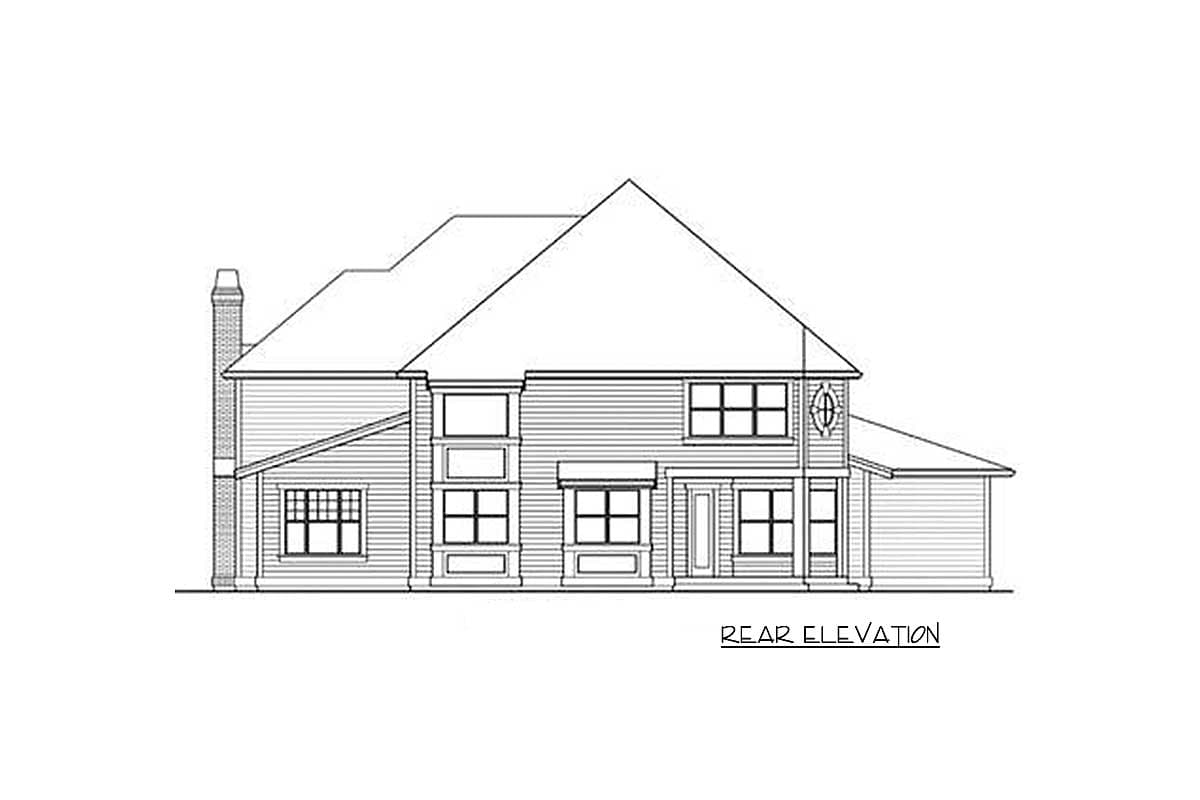 Rear elevation drawing of a two-story house plan with a prominent gable, chimney, and varied window styles.