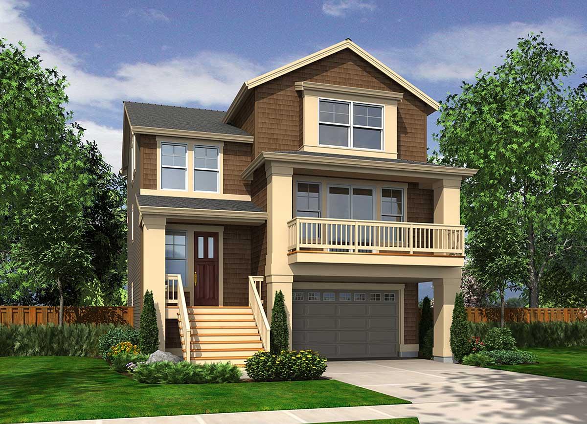 House plan exterior: three-story, shingle siding, raised porch with railing above attached two-car garage.