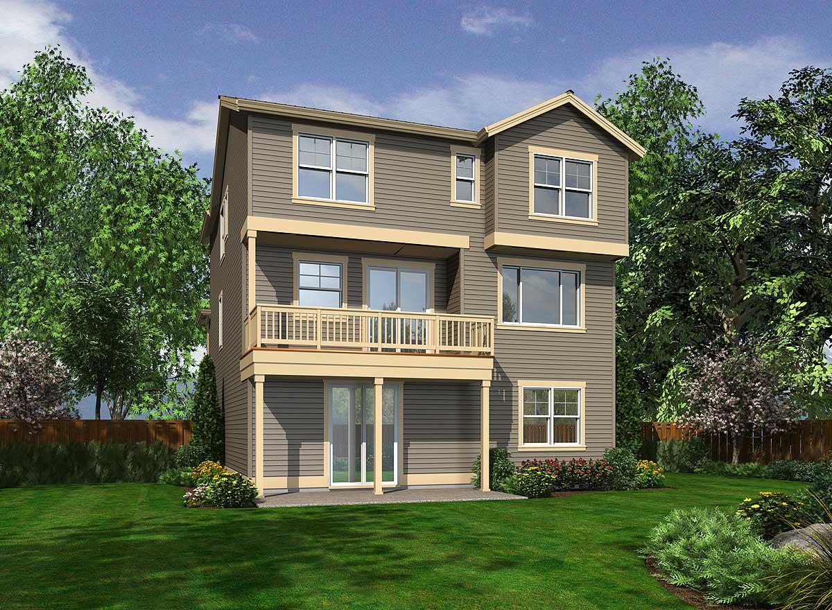 House plan exterior rendering of a three-story modern home with a second-level balcony, horizontal siding, and a prominent gable.