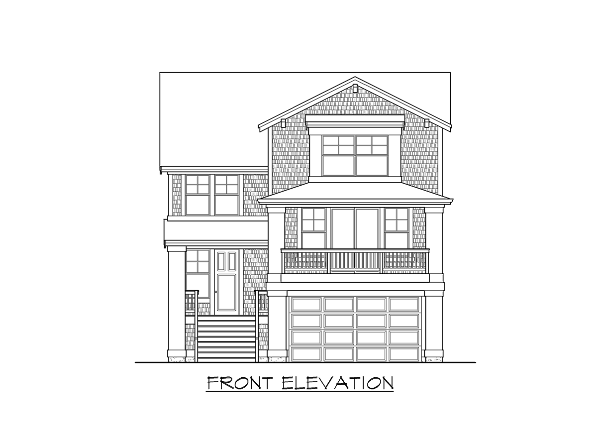 Front elevation house plan showing a two-story home with a covered porch, gabled dormer, and attached garage.