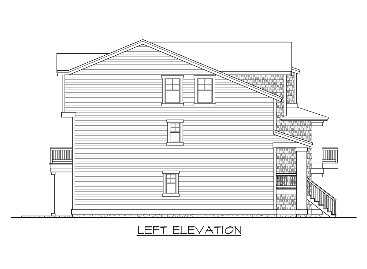 Left elevation of a house plan showing siding, tiered gables, multiple windows, and a covered porch with stairs.