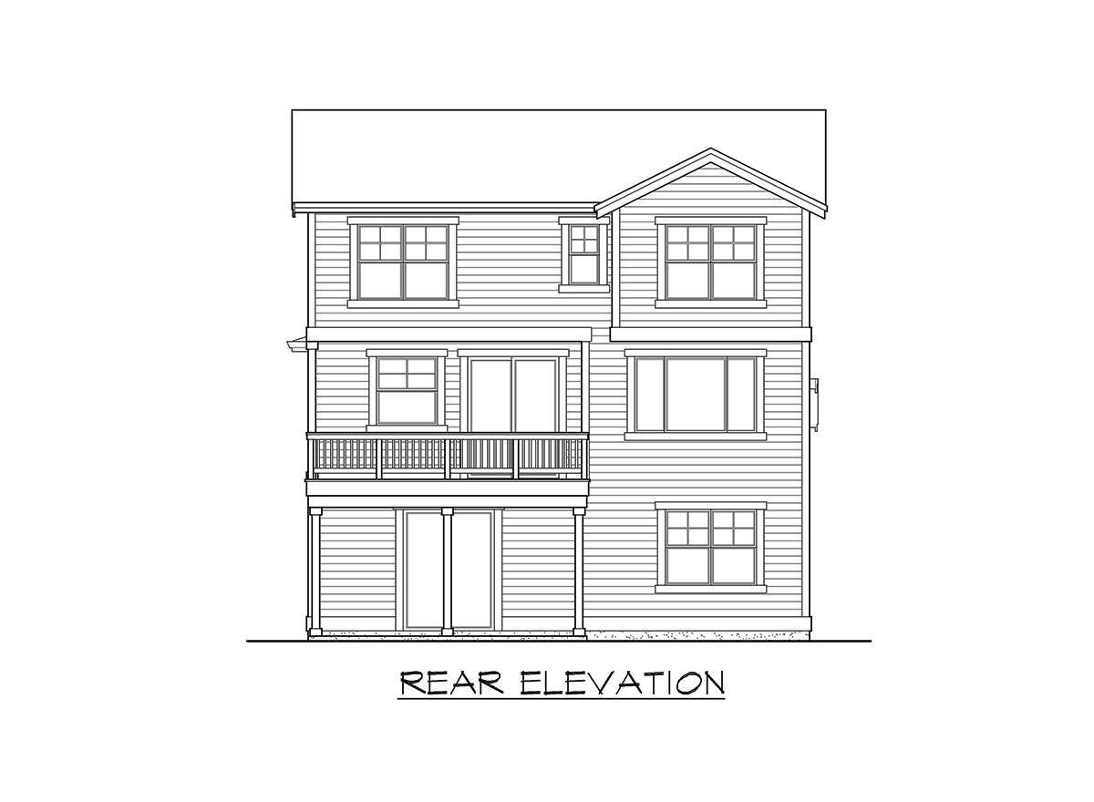 Rear elevation drawing of a three-story house plan with a deck, double doors, and multiple windows.