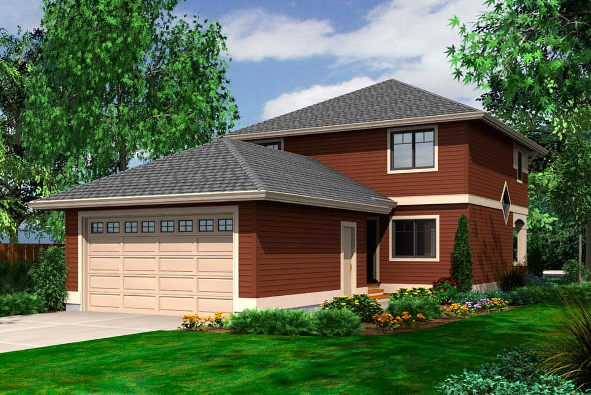 Two-story house plan exterior with attached two-car garage, hip roof, red siding, and front door.