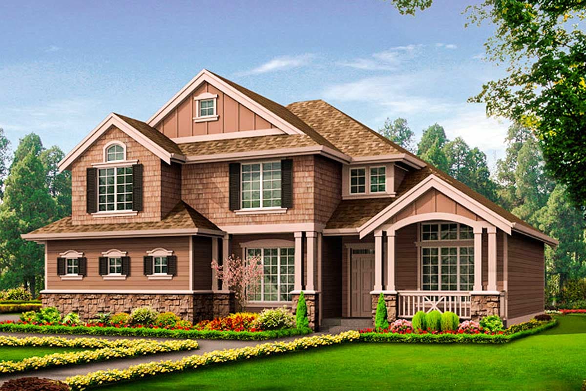 Two-story house plan exterior with stone accents, multiple gables, a front porch with columns, and arched window detailing.