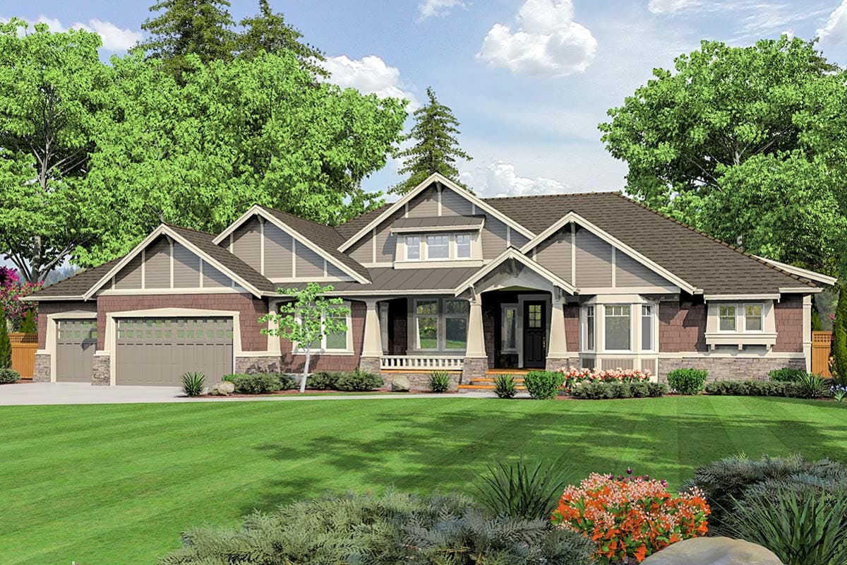 House plan exterior: Ranch style with a covered porch, dormer windows, gabled rooflines, and a side-facing three-car garage.