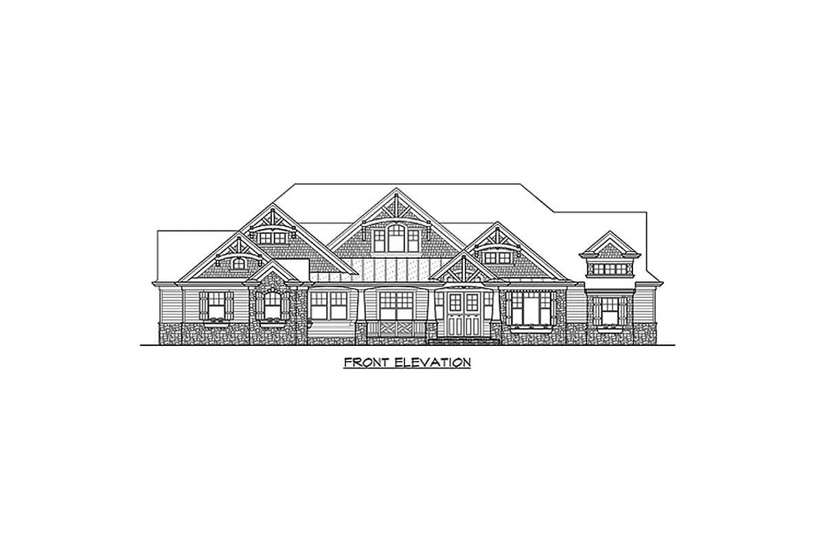 Front elevation drawing of a sprawling ranch house plan with multiple gables, stone accents, and a covered front porch.