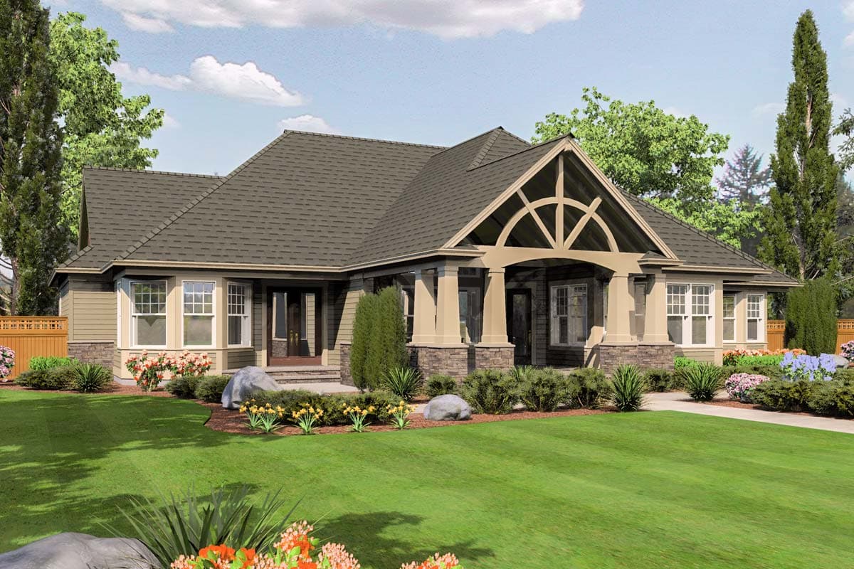 Craftsman style house plan exterior with a prominent arched covered porch, bay windows, and stone accents.