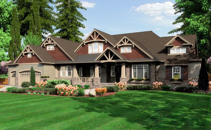 Craftsman style house plan exterior featuring a prominent porch, stone accents, varied gables with decorative trusses, and an attached garage.