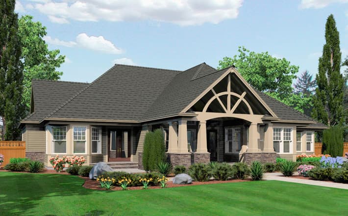 House plan exterior: Single-story Modern Farmhouse with covered front porch, prominent gables, and stone accents.