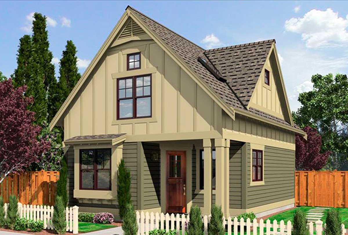 Craftsman house plan exterior, two stories, with gables, dormers, a covered porch, and board and batten siding.