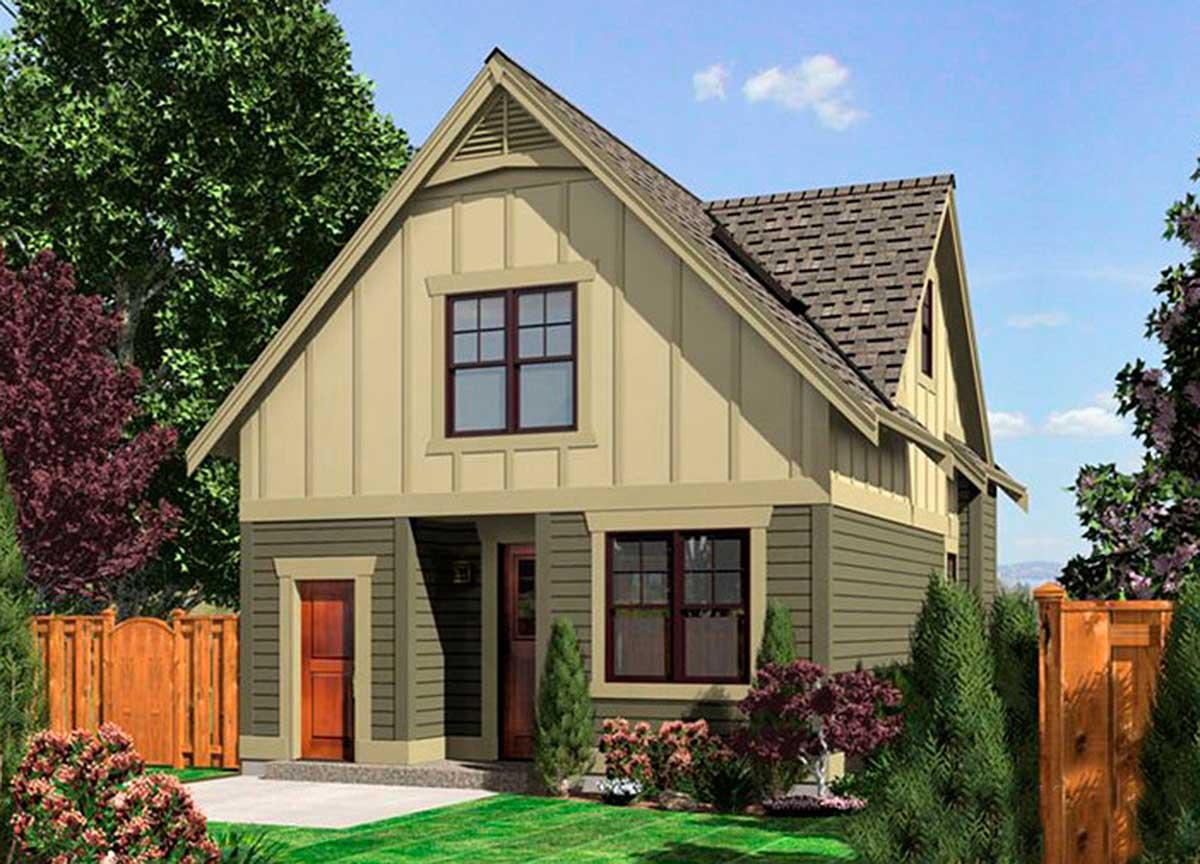 House plan exterior: Two-story Modern Farmhouse with board and batten siding, prominent gables, and a covered entry.