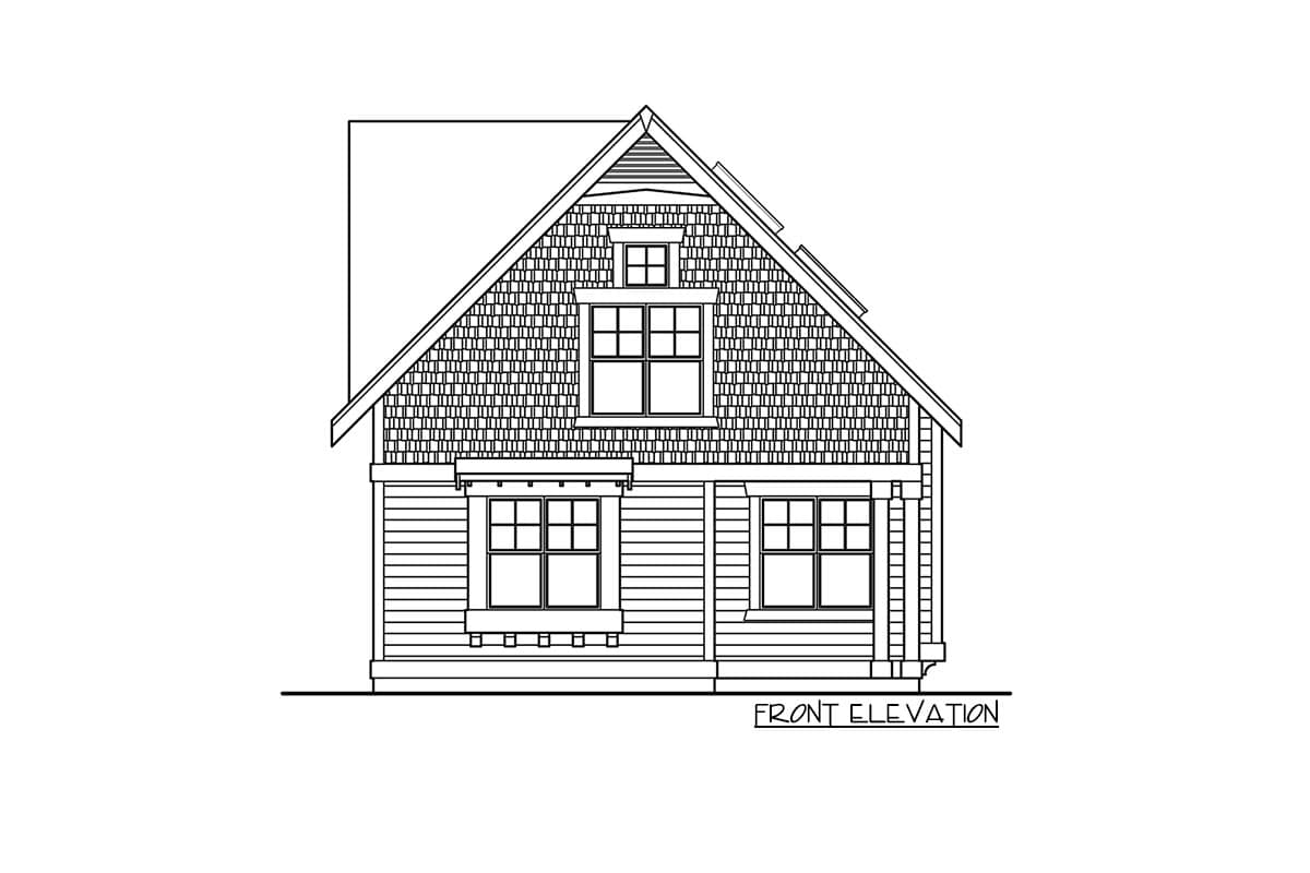 Front elevation house plan with a gabled roof, shingled gable, dormer, and two stories of windows.