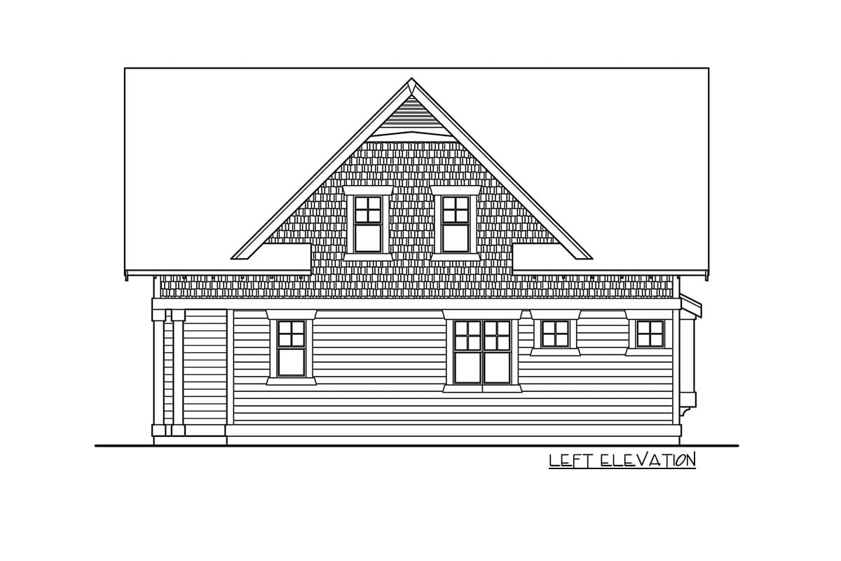 Left elevation house plan drawing with shingled dormers, gable roof, and covered porch with square columns.