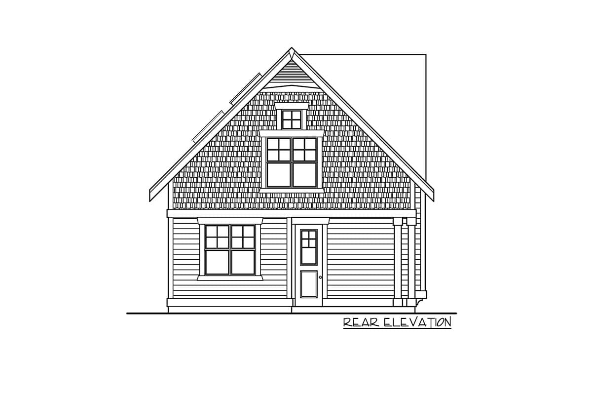 Rear elevation drawing of a house plan featuring a gable roof, dormer window, and horizontal siding.