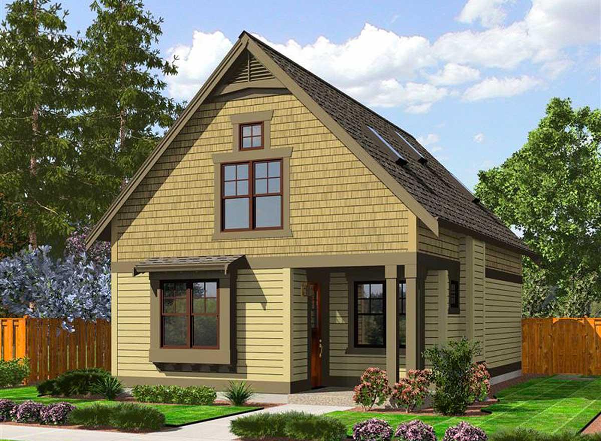 Craftsman style house plan exterior with gables, cedar shake siding, and covered front porch with columns.
