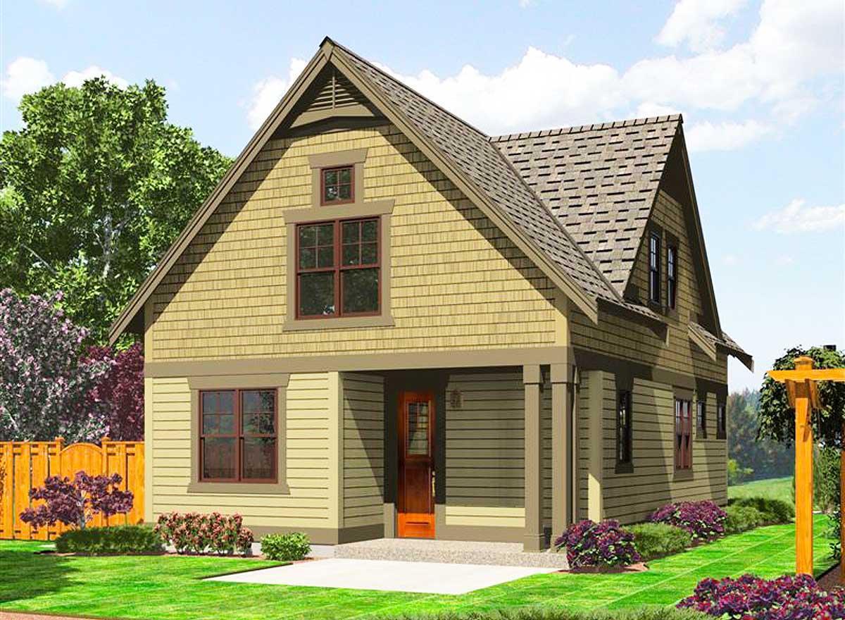 House plan exterior with gabled roof, shingle siding, dormer window, and covered front porch.