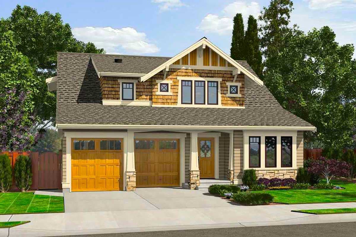 Craftsman style house plan exterior with a two-car garage, covered entry porch with stone pillars, and decorative gable.