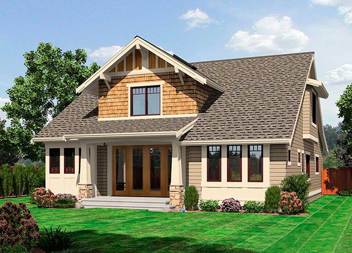House plan exterior, Craftsman style, two stories, large covered porch with stone columns, cedar shake siding, and prominent gables.